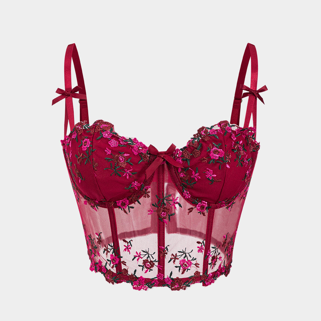 Mesh Embroidery Sheer Bow Bustier Crop