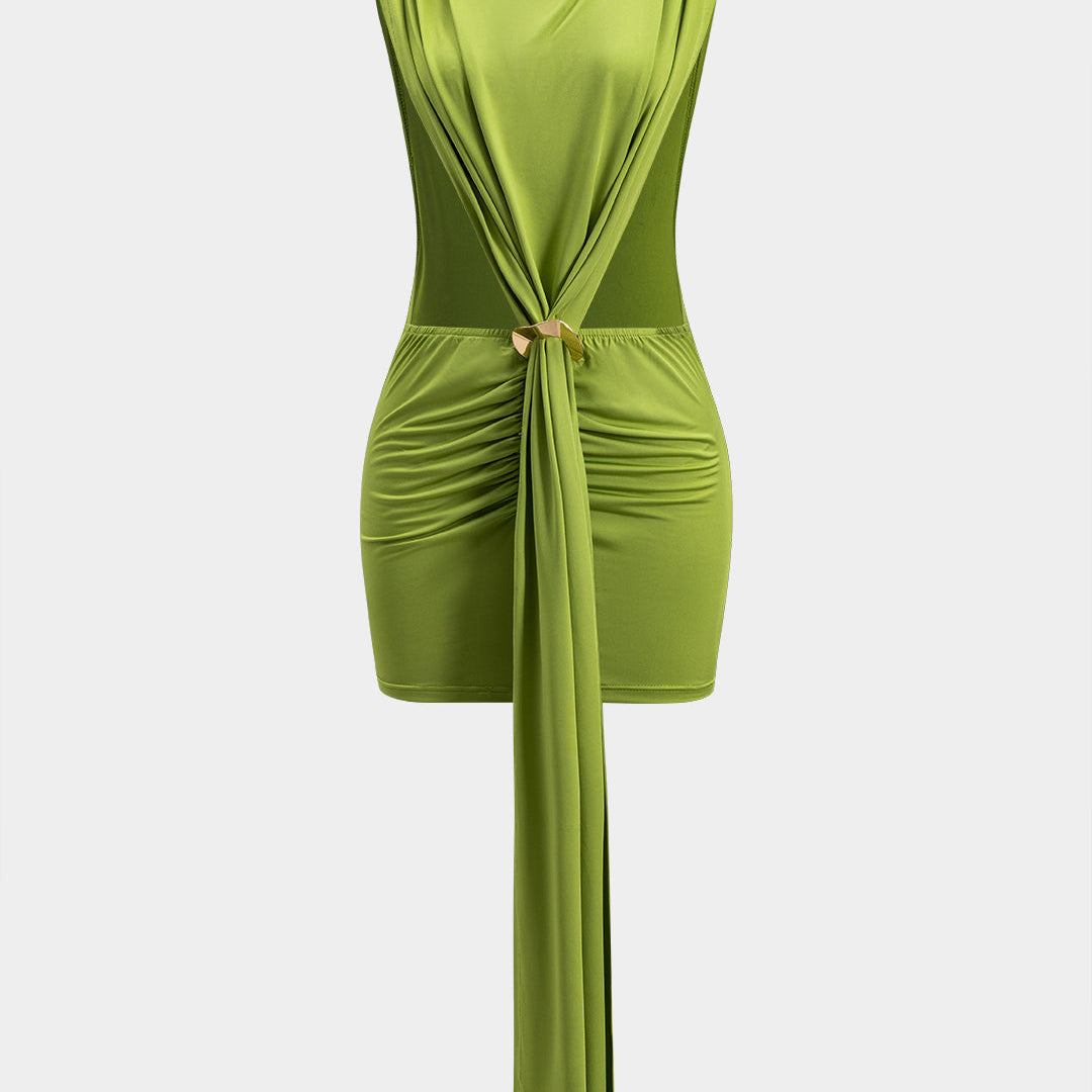 Metal Dekor Fırfırlı Kolsuz Mini Elbise