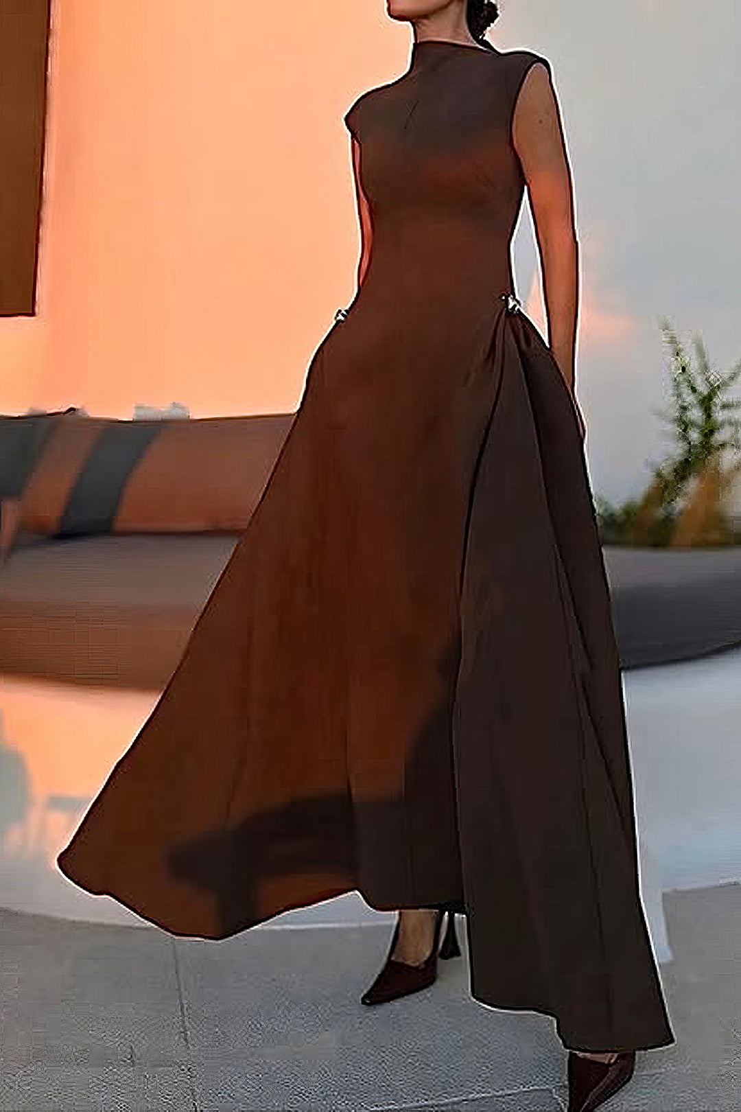 Metallic Dekor Fermuar Askısız Maxi Elbise