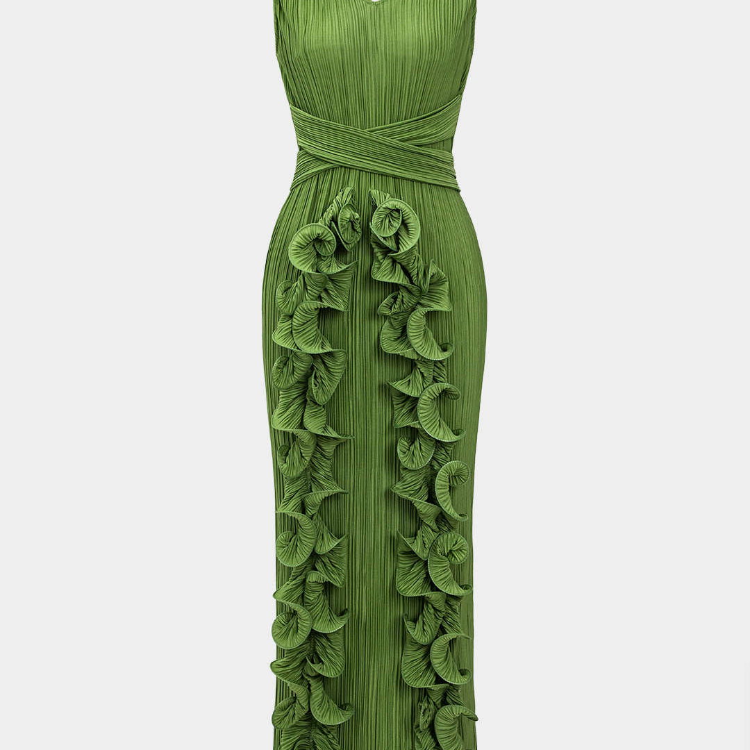 3D Çiçek Desenli V Yaka Midi Elbise