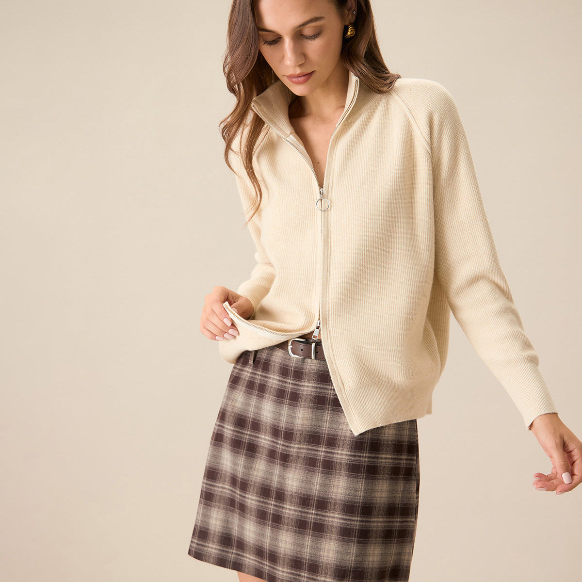 Kayısı Nervürlü Örgü Fermuarlı Hırka