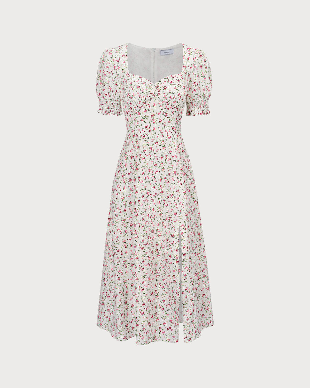 Olyssa Bej Renkli Kalp Yaka Volan Kol Çiçek Desenli Midi Elbise