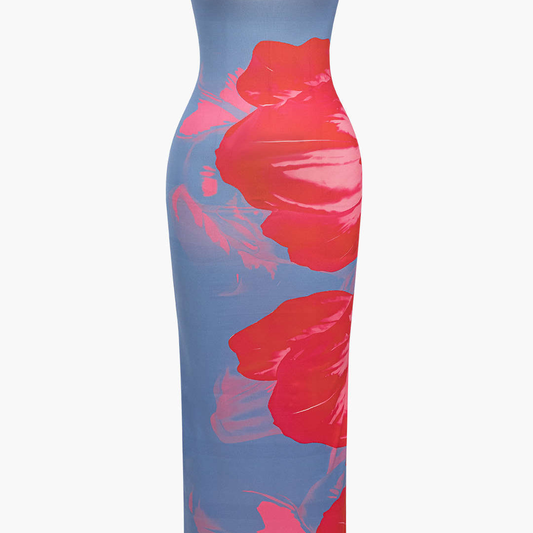 Çiçek Desenli Straplez Midi Elbise