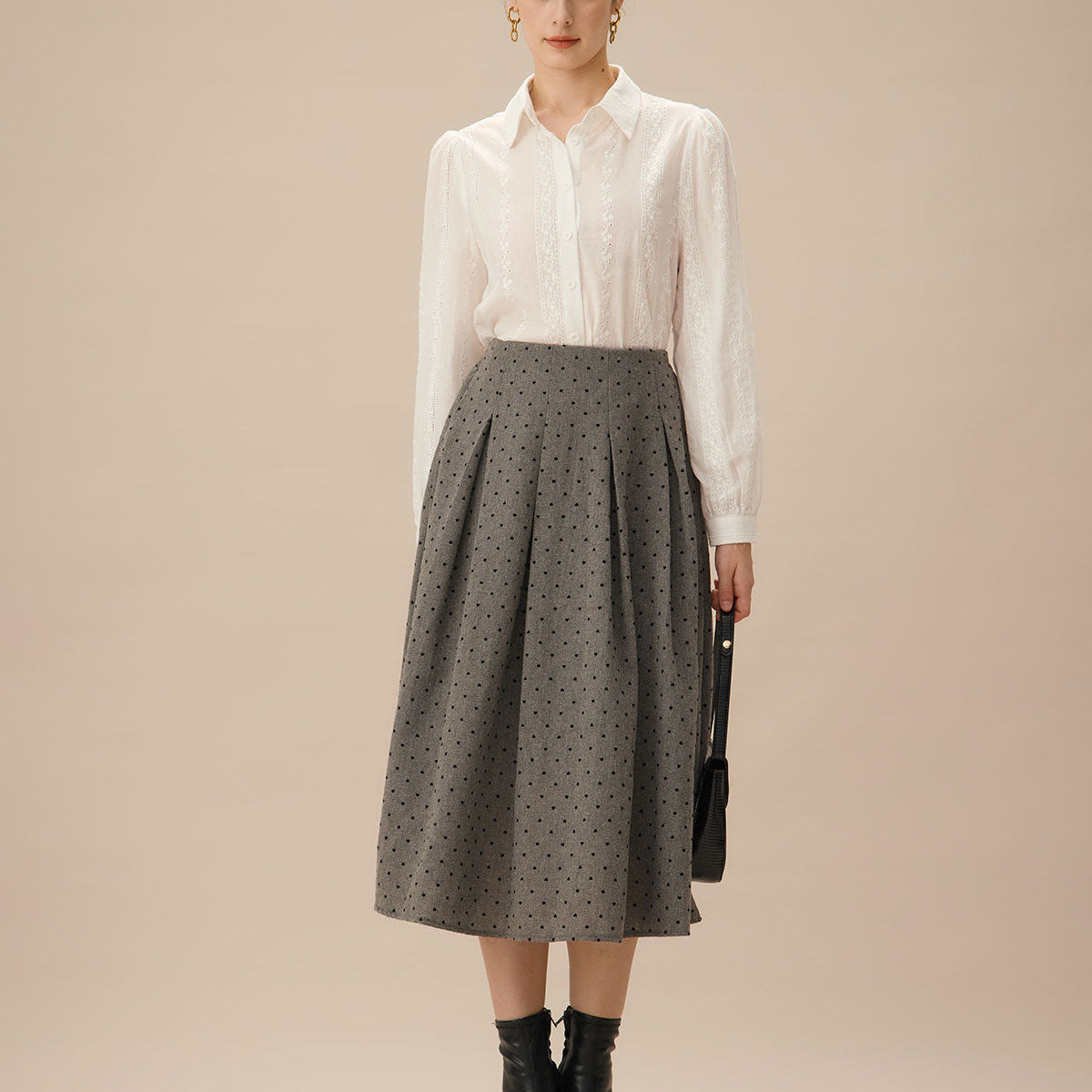 Gri Puantiye Pileli Midi Etek