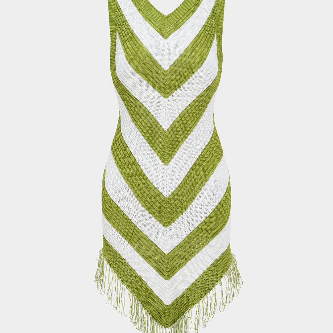 Örgü Püskül Kontrast Kolsuz Elbise