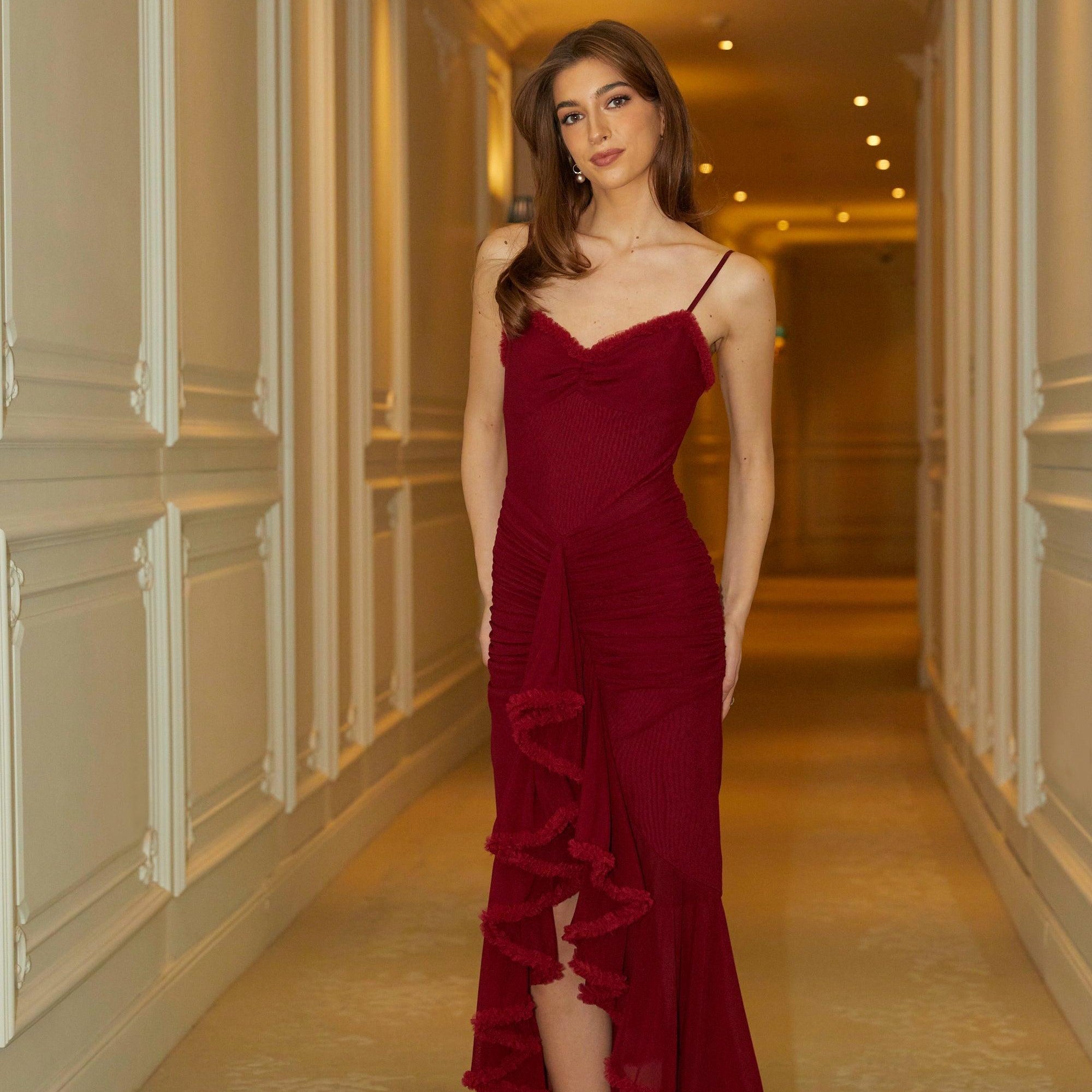 Olyssa Ruby Elegance Asimetrik Şifon Elbise