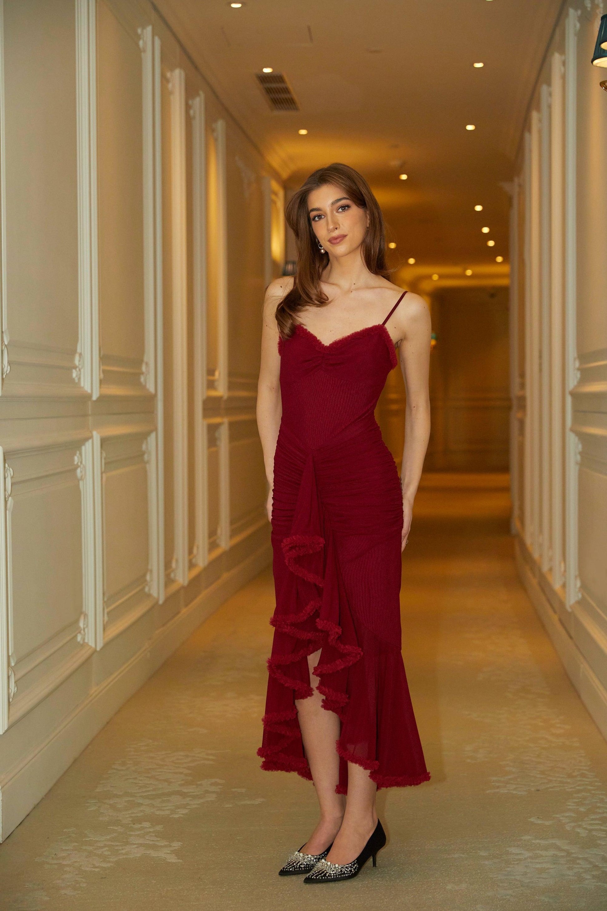 Olyssa Ruby Elegance Asimetrik Şifon Elbise