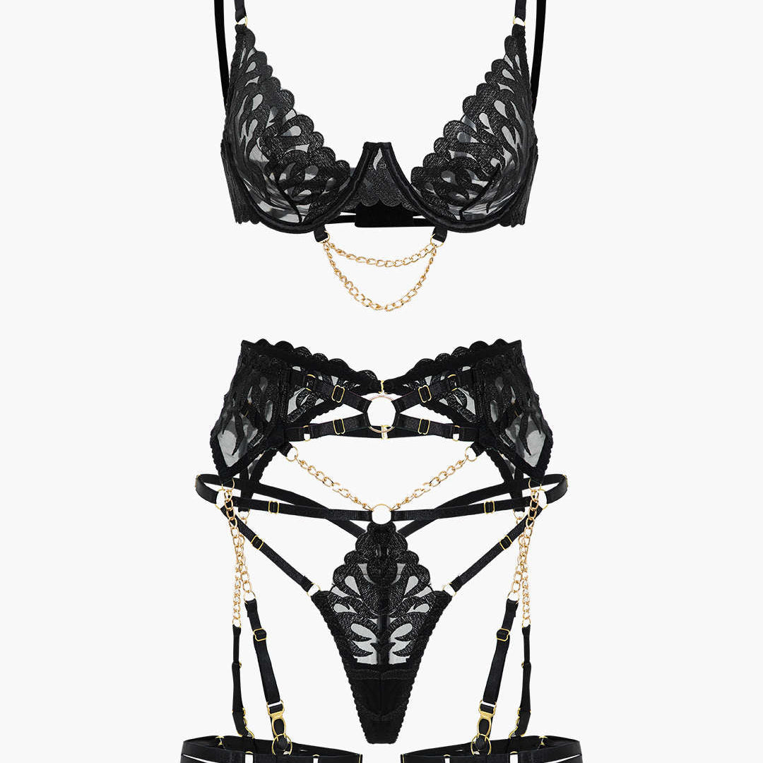 Nakışlı Zincir Detaylı Kesik İç Giyim Garter Seti