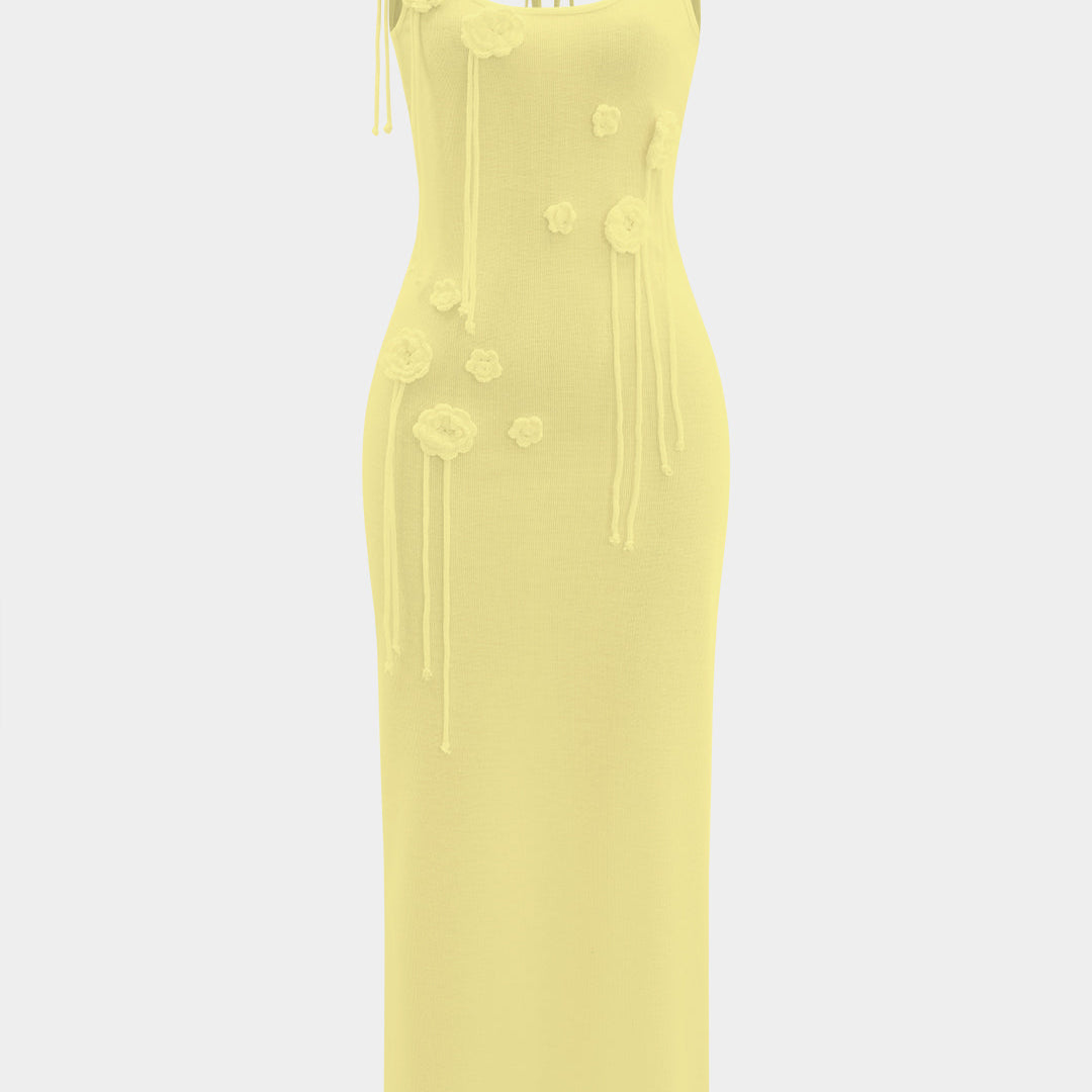 3D Çiçek Desenli Askısız Maxi Elbise