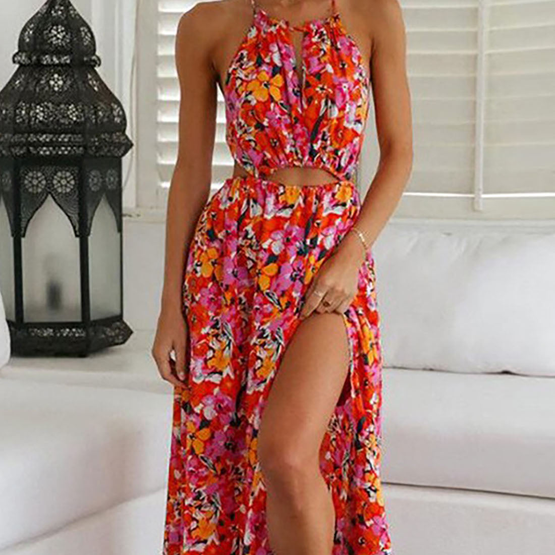 Olyssa Çiçekli Sırt Dekolteli Maksi Elbise