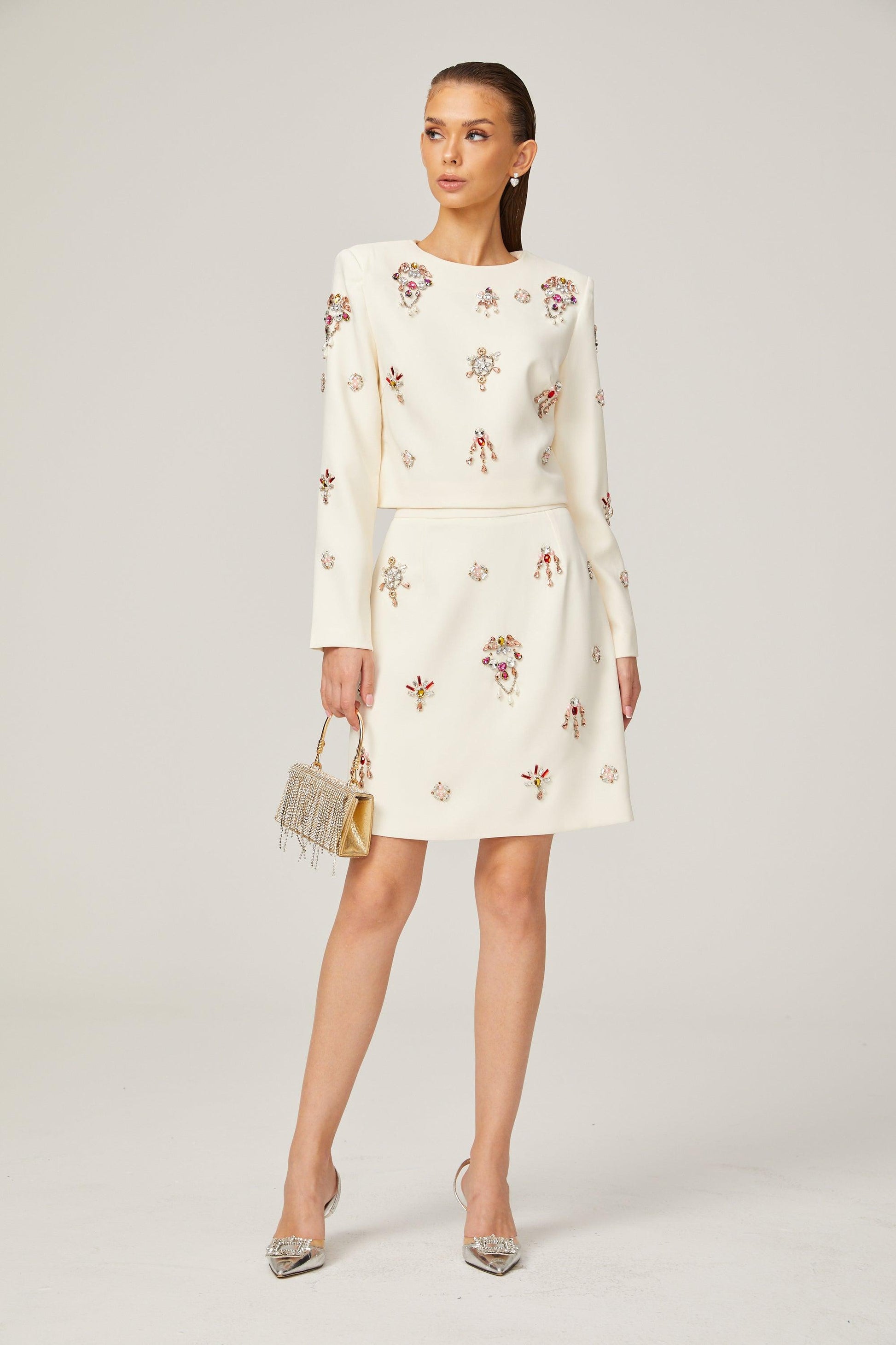 Kraliyet Işıltısı Taş İşlemeli Krem Elbise Seti