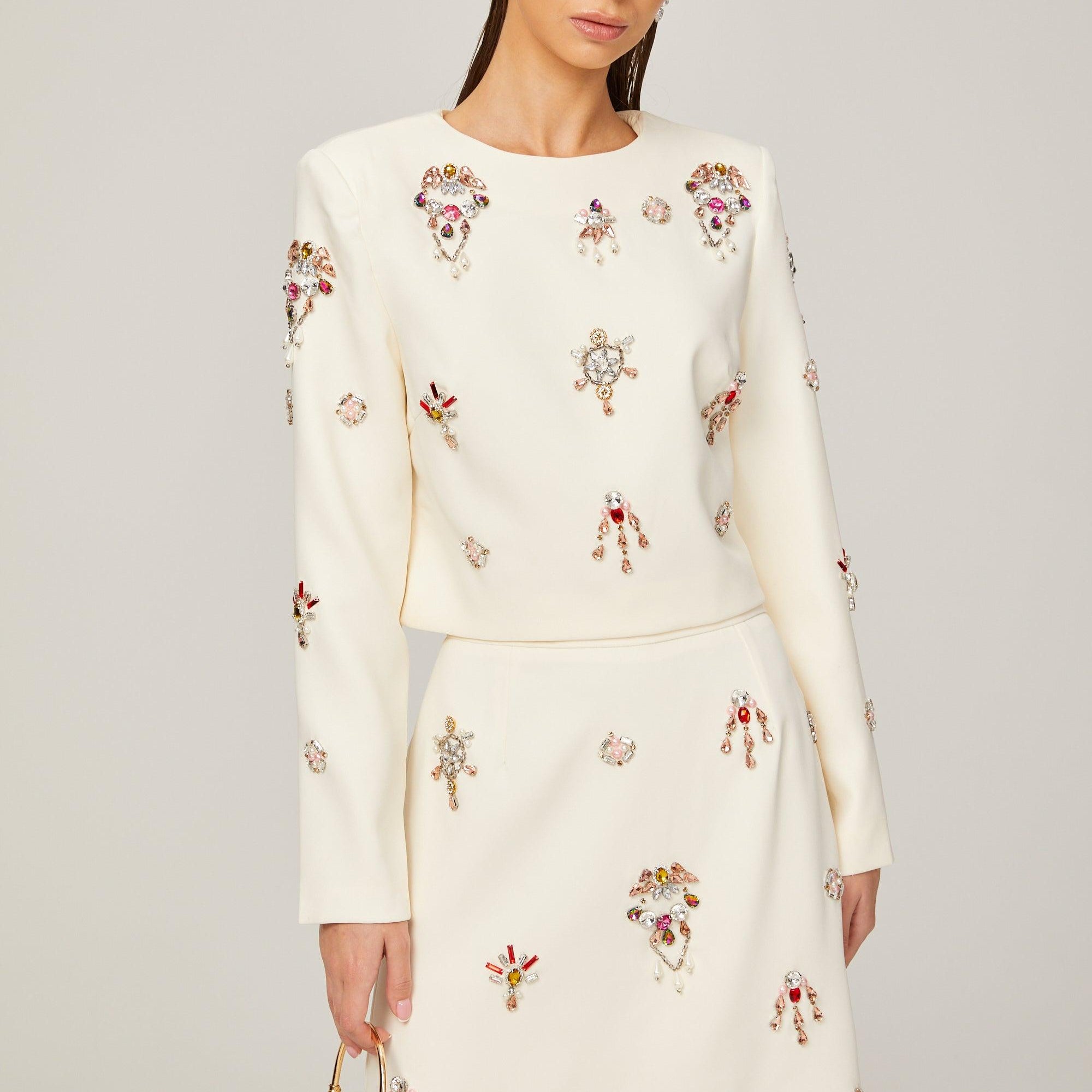 Kraliyet Işıltısı Taş İşlemeli Krem Elbise Seti