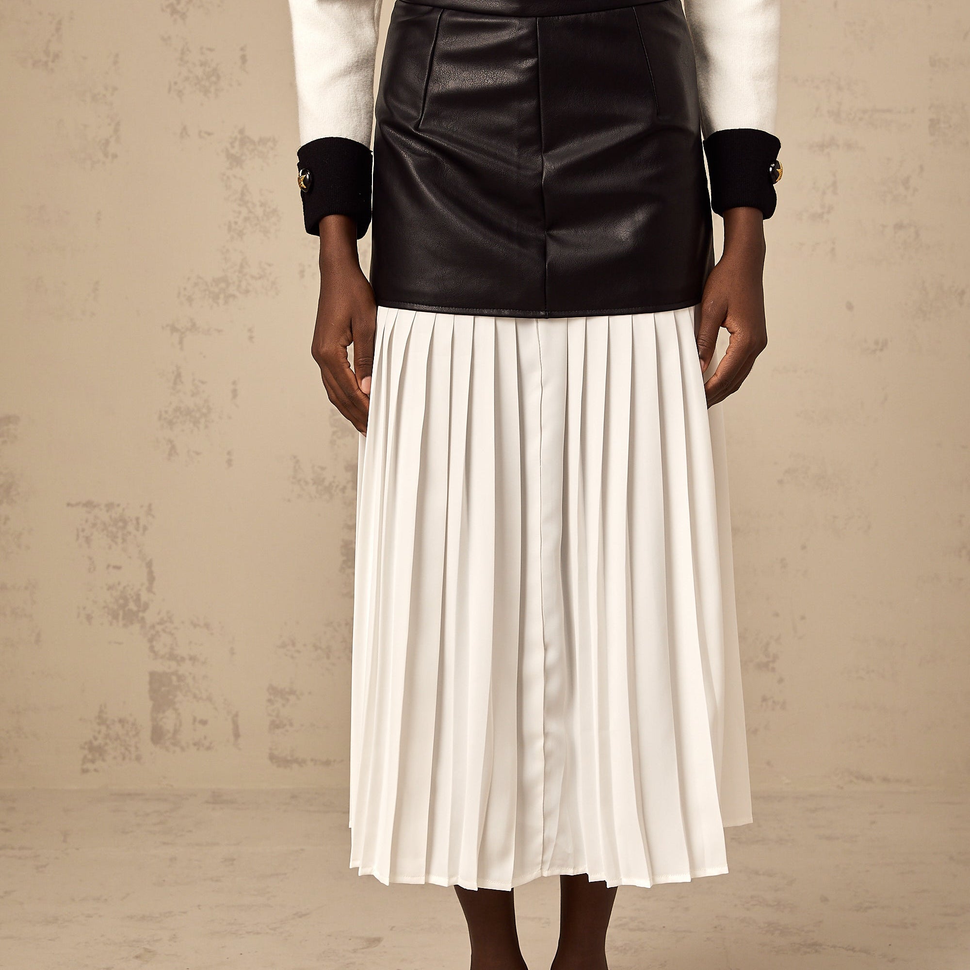 Aria Suni Deri Bloklu Panelli Pilili Midi Etek