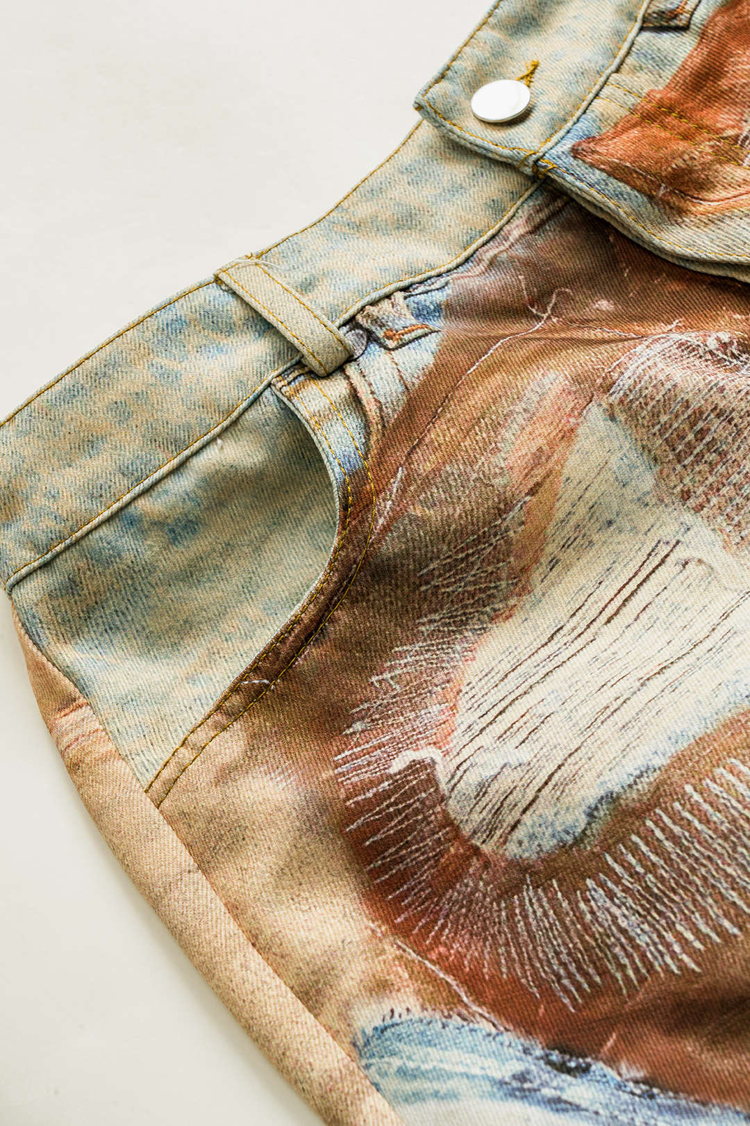 Soyut Baskılı Düğmeli Cep Pantolonları