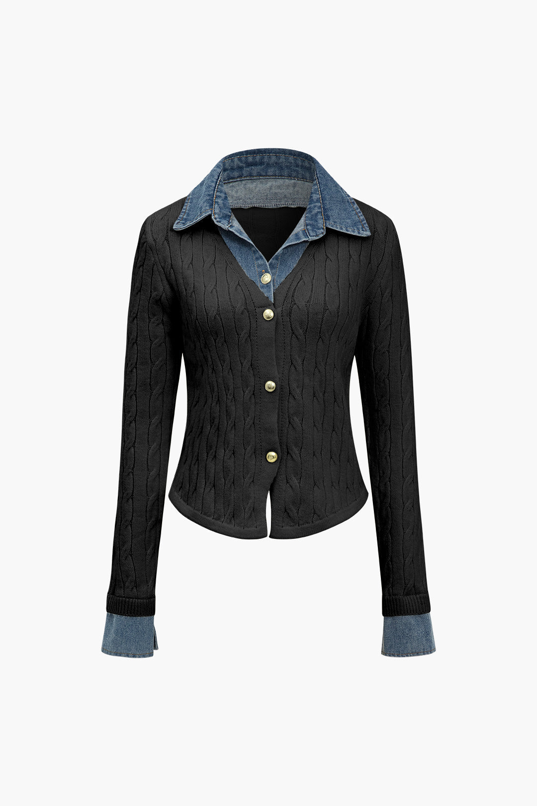 Örgü Denim Gömlek Yaka Uzun Kollu Üst