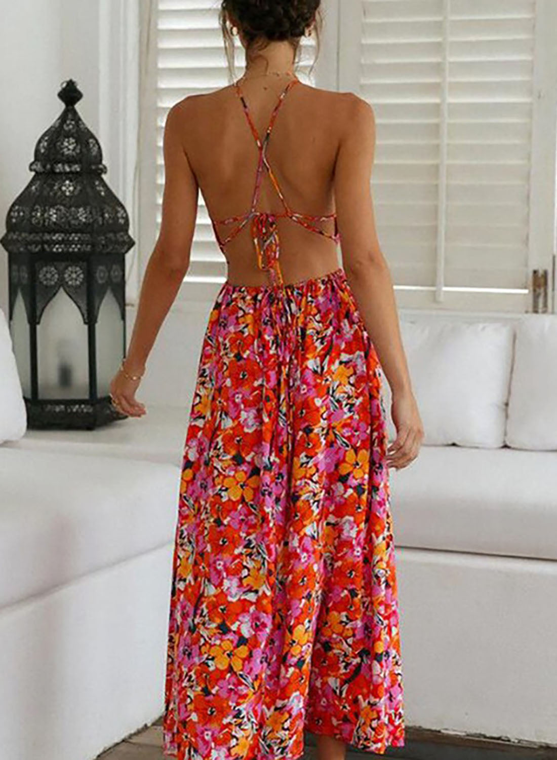 Olyssa Çiçekli Sırt Dekolteli Maksi Elbise