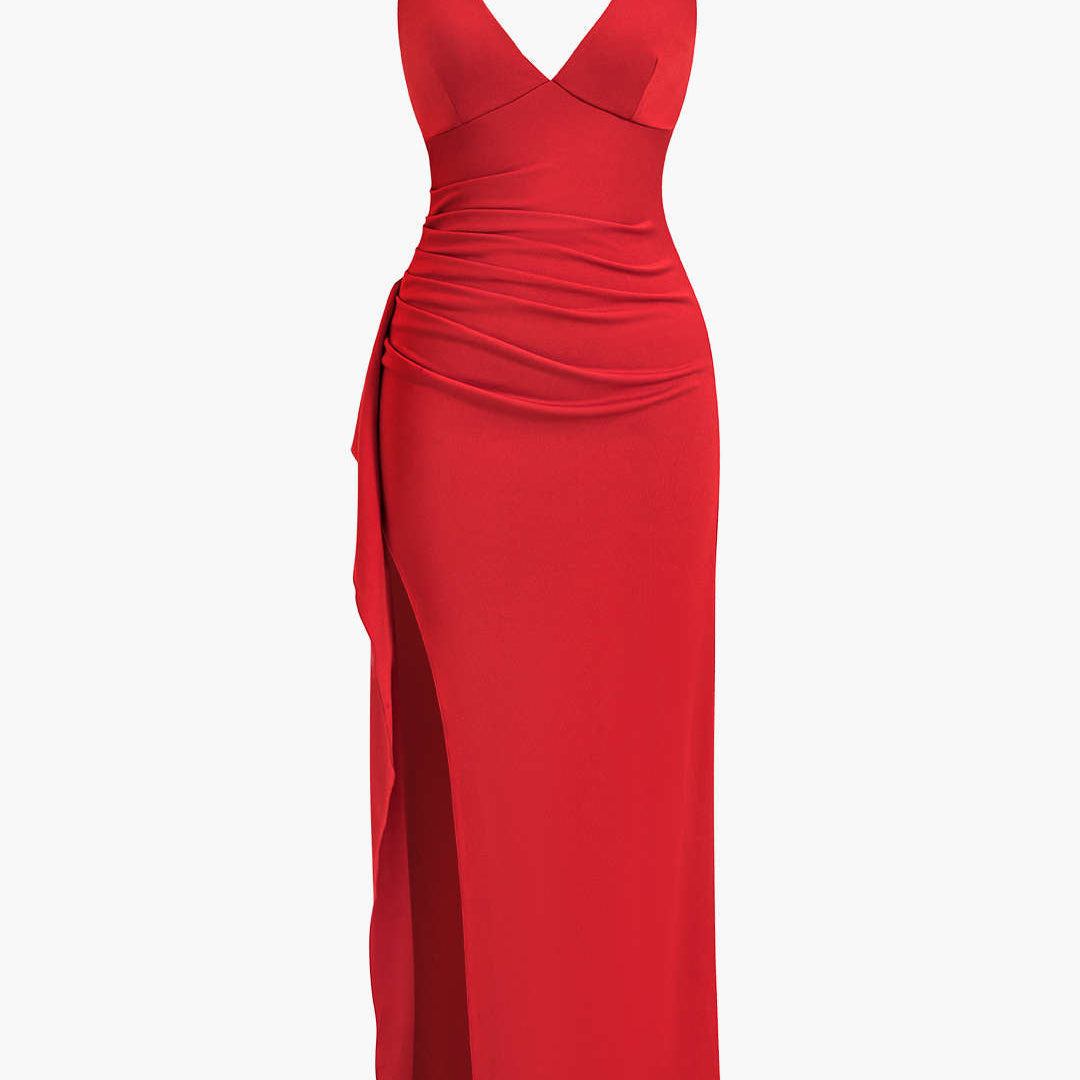 Büzgülü Yırtmaçlı Sırt Geçişli Gece Elbisesi