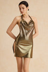 Metalik Halter Drape Yaka Mini Elbise