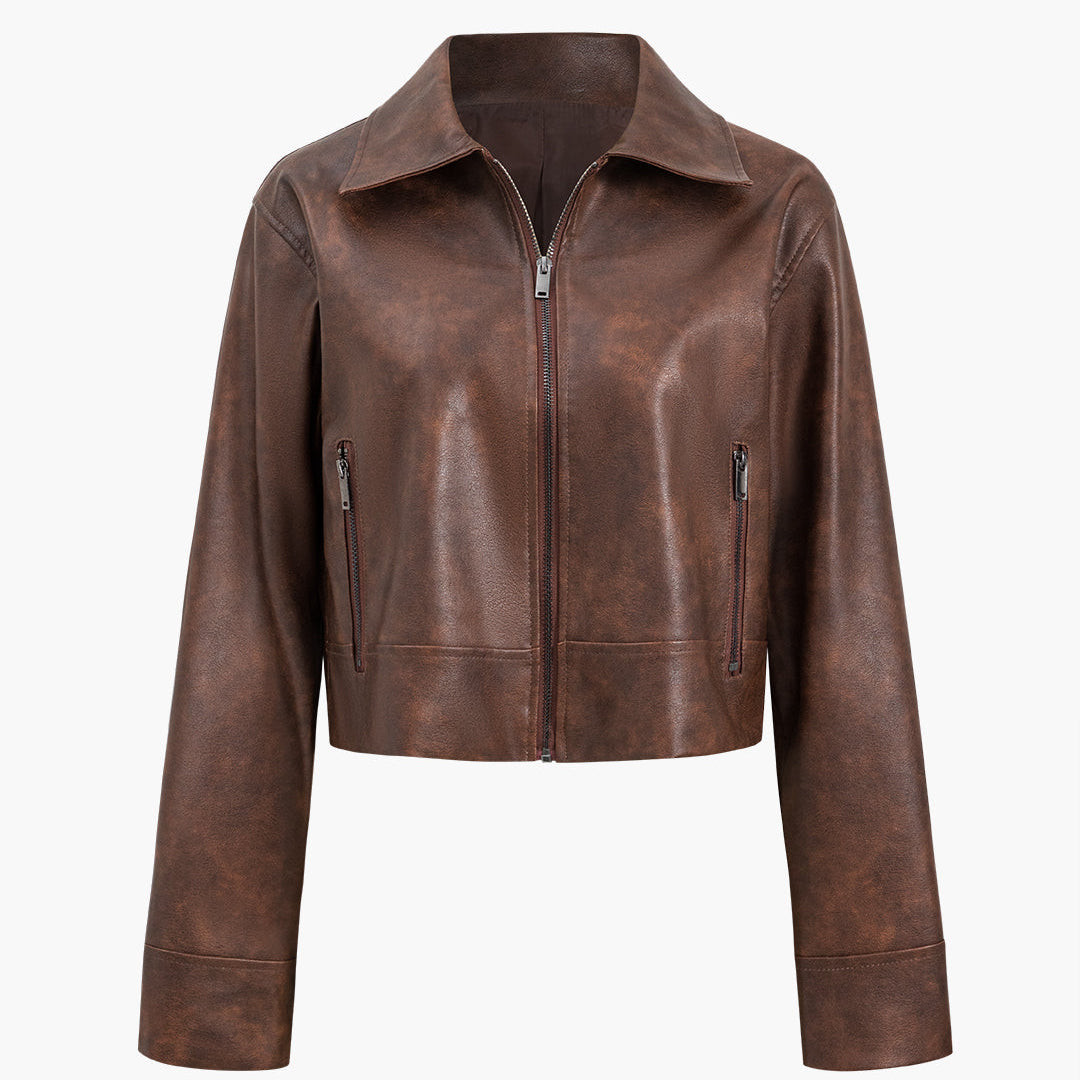 Faux Leather Zipper Long Sleeve Ceket