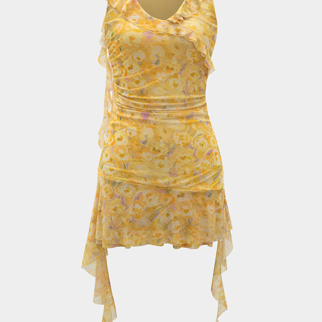 Çiçek Desenli File Ruffle Detaylı V Yaka Kolsuz Mini Elbise