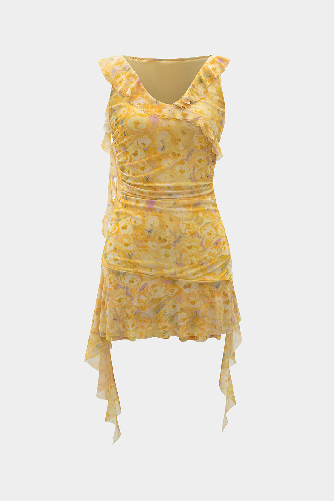 Çiçek Desenli File Ruffle Detaylı V Yaka Kolsuz Mini Elbise