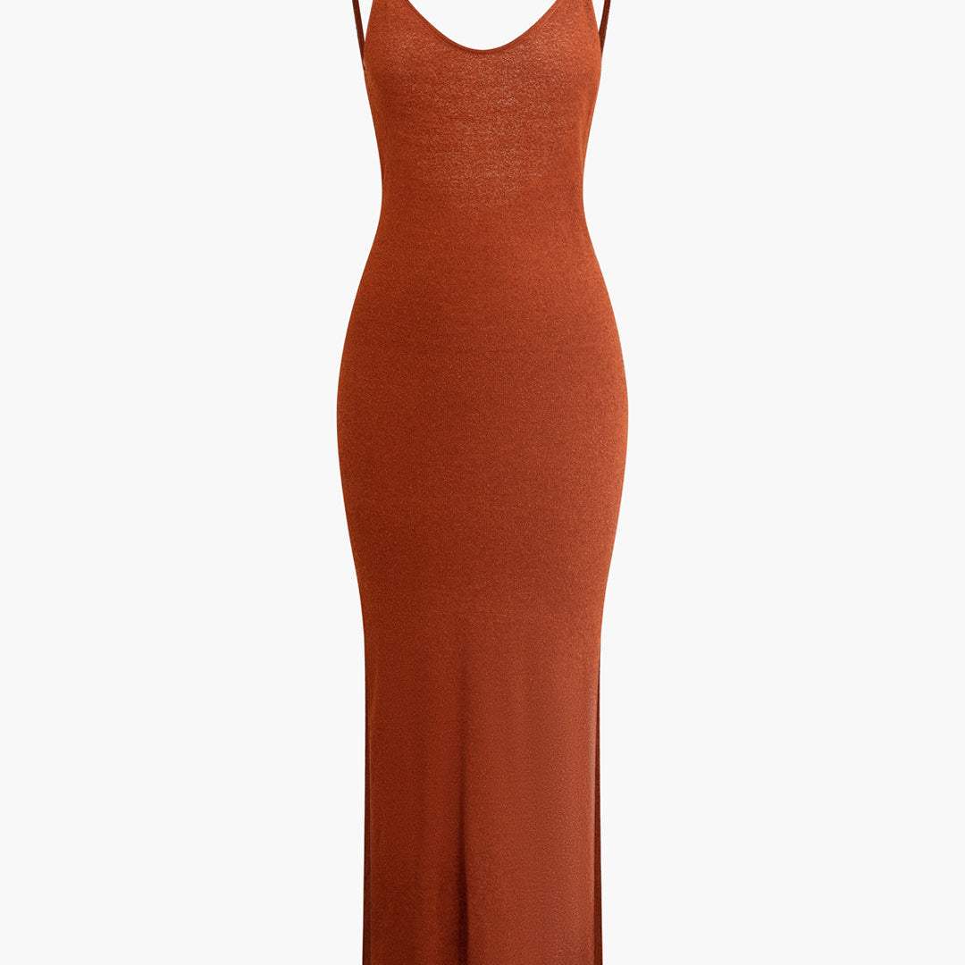 Sırt Dekolteli Spagetti Askılı Yırtmaçlı Triko Elbise