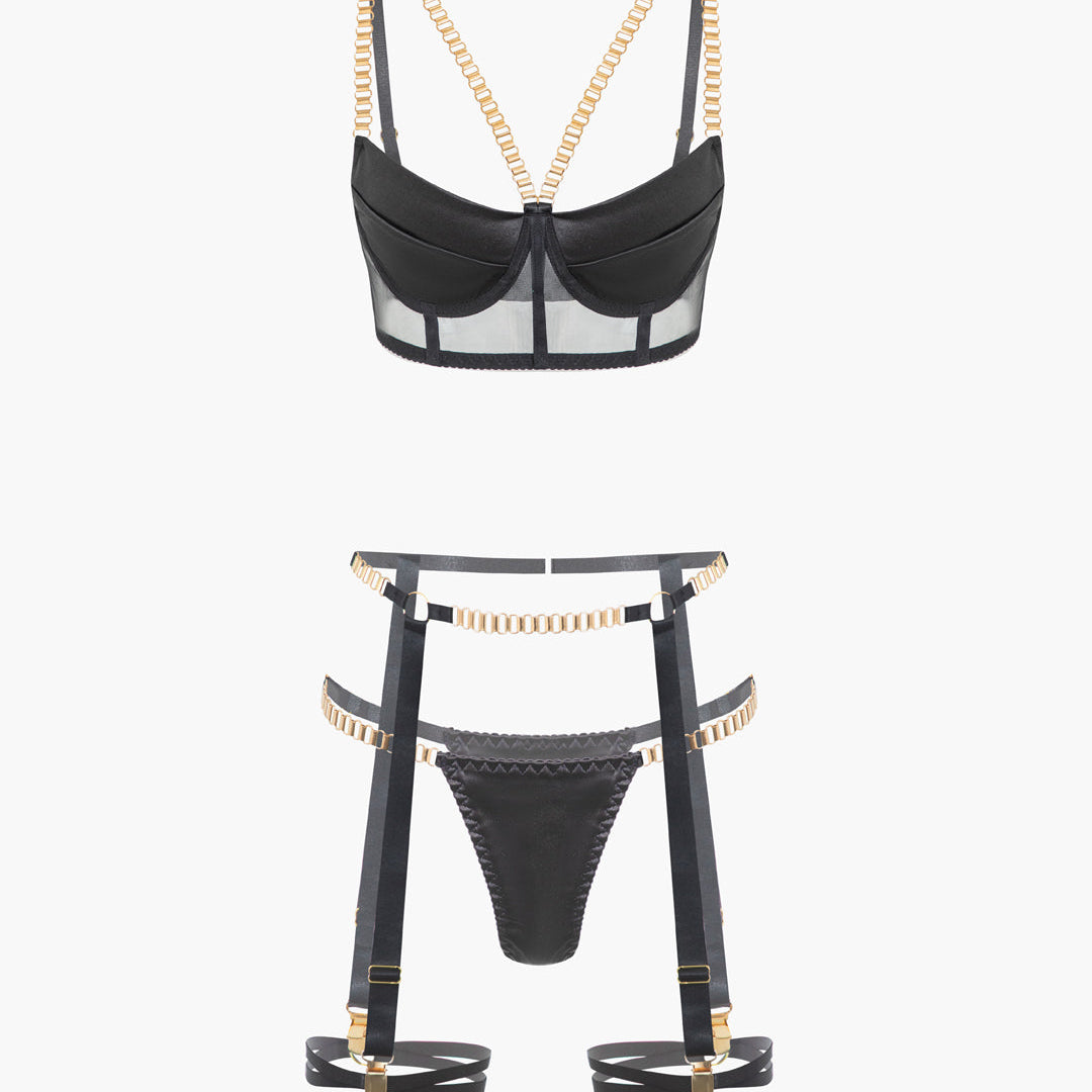 Zincirli Bustier Kontrast File İç Giyim Garter Seti