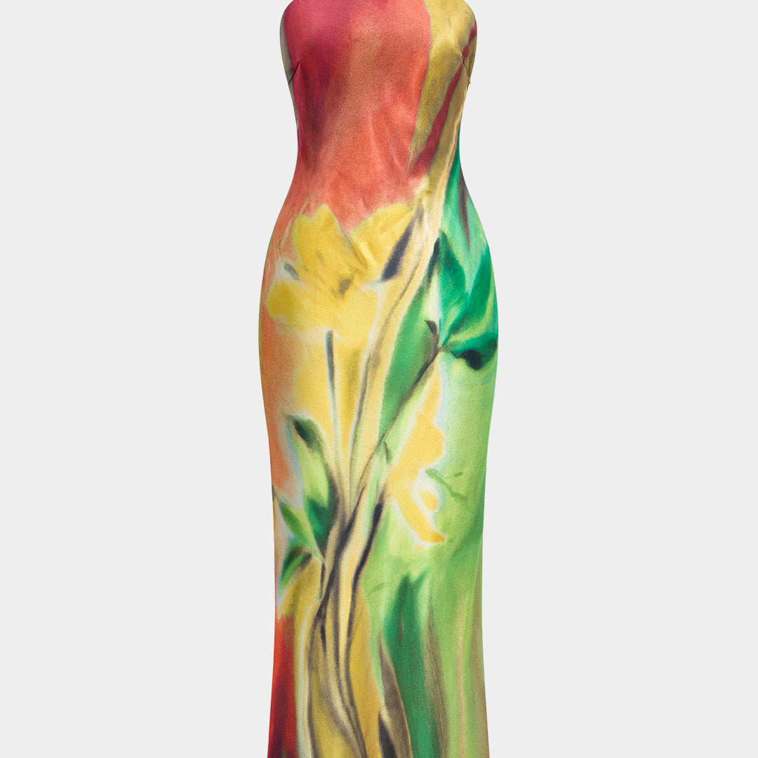 Çiçek Desenli Halter Yaka Sırt Açık Maxi Elbise