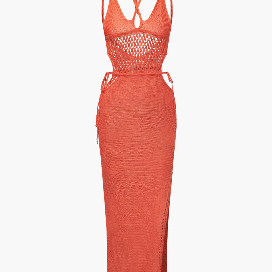 Kenar Kesimi Açık Örgü Sırt Dekolteli Halter Maxi Elbise