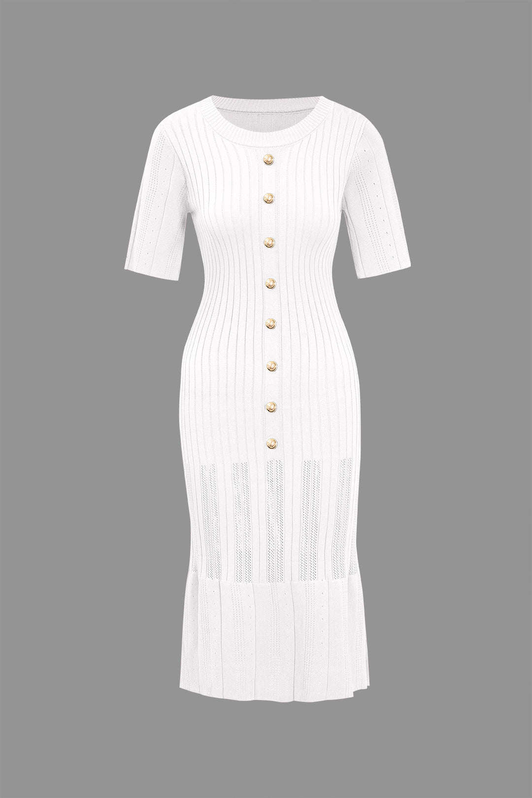 Düz Örgü Düğmeli Yuvarlak Yaka Kısa Kollu Elbise