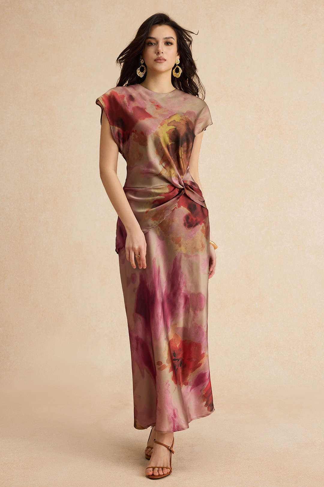 Tie Dye Fırfırlı Kesik Düğme Dönüşüm Knot Midi Elbise