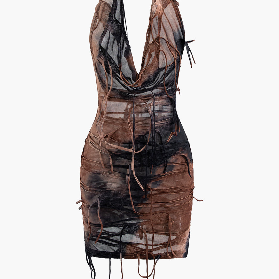 Halter Sırt Açık Yıpranmış Mini Elbise