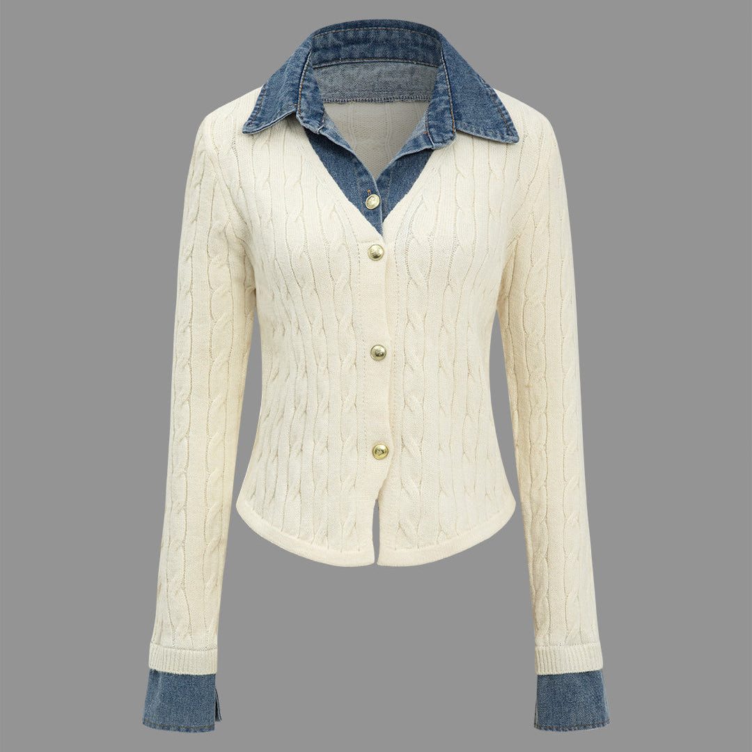 Örgü Denim Gömlek Yaka Uzun Kollu Üst