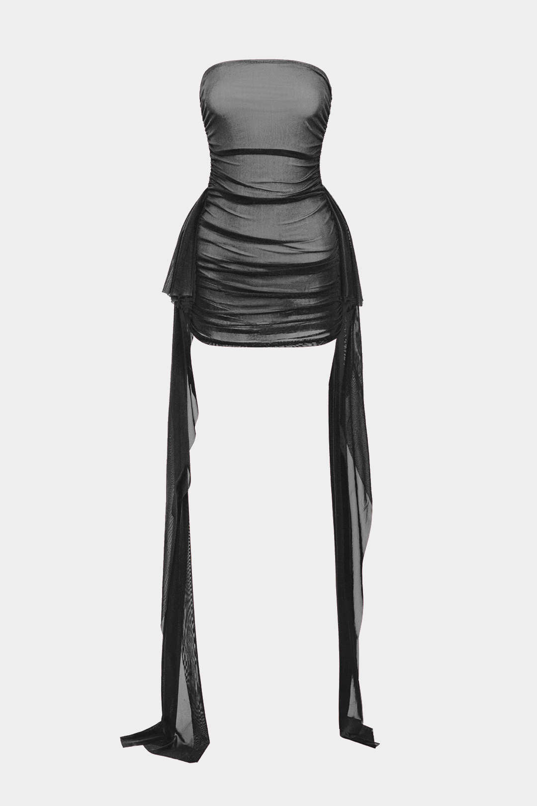 Ağ Mesh Ruched Straplez Mini Elbise