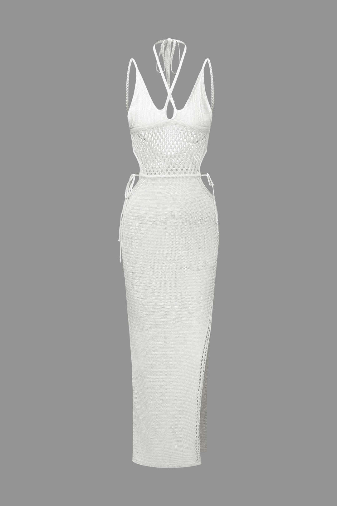 Kenar Kesimi Açık Örgü Sırt Dekolteli Halter Maxi Elbise