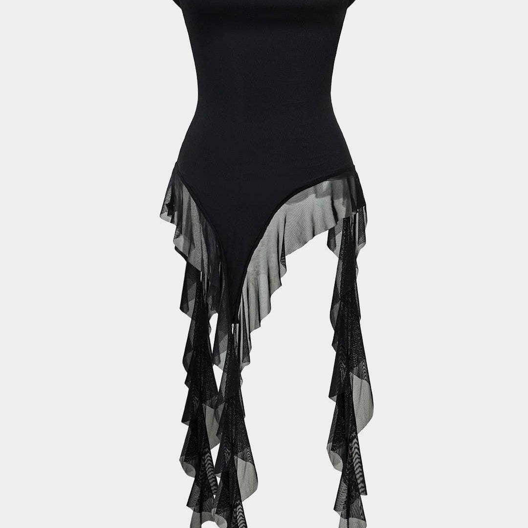 Ağ Mesh Volanlı Asimetrik Sıfır Kol Bluz