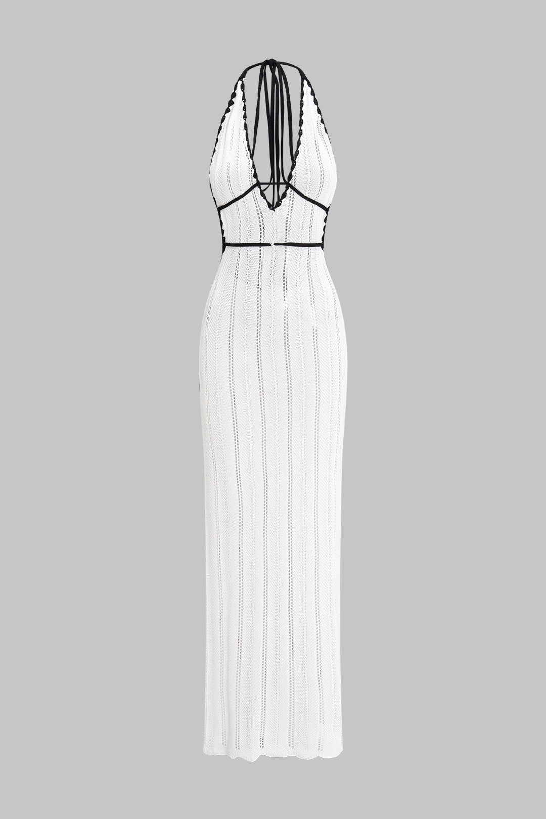 Örgü Kontrast Askılı V Yaka Sırt Dekolteli Bağlamalı Kolsuz Elbise