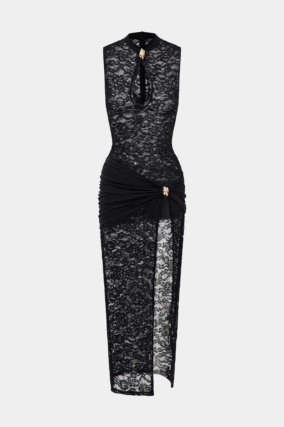 Dantel Metalik Kırışık Kesik Fermuar Yırtmaçlı Maxi Elbise