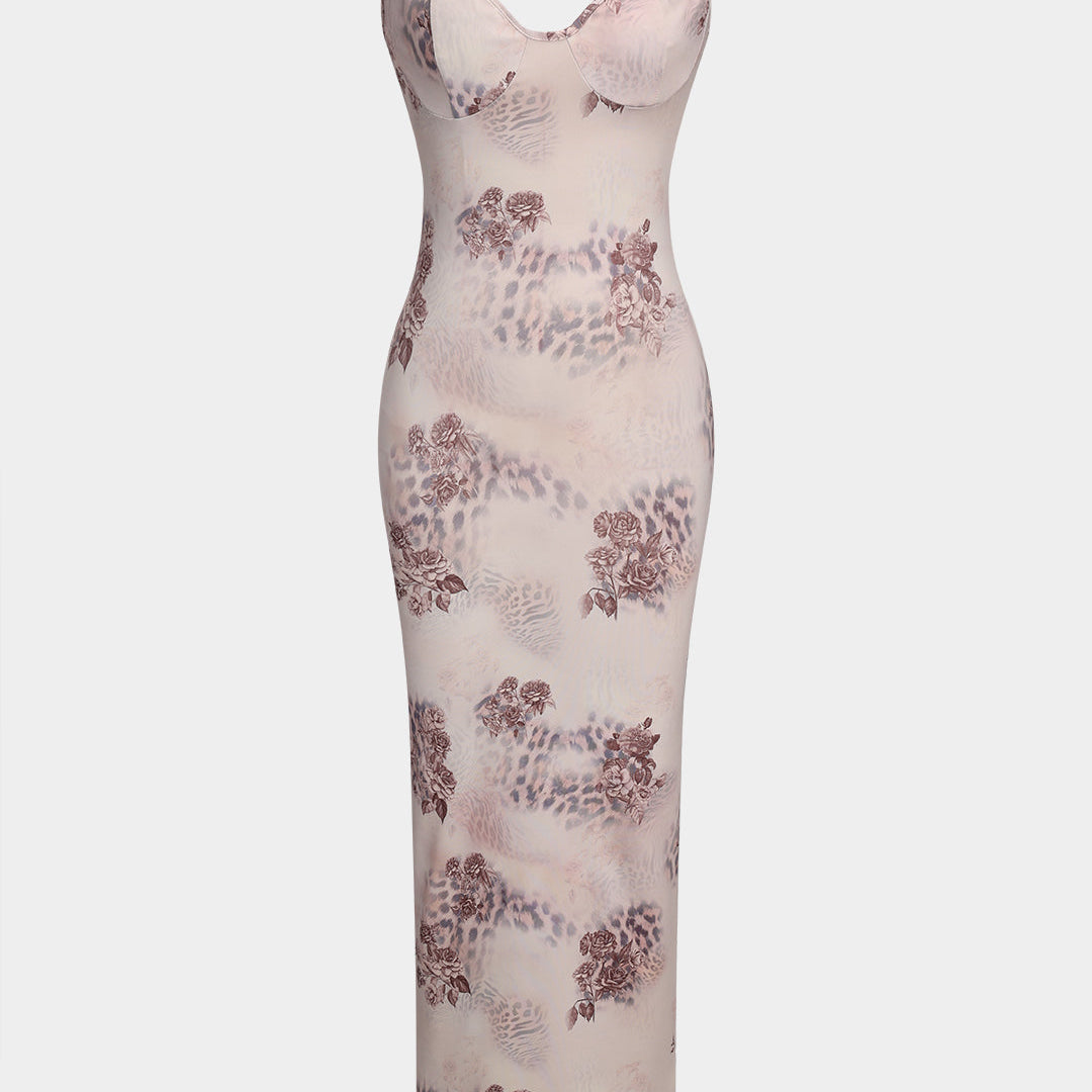 Kaplan Desenli Çiçek Baskılı Bustiyer Kayma Maxi Elbise