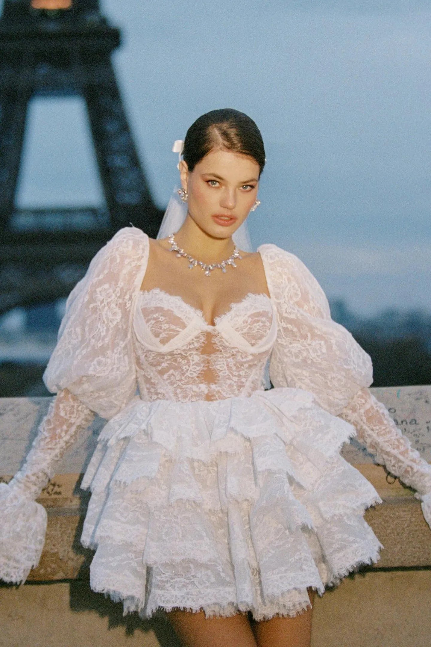 Olyssa Bonnie Dantel Puf Kollu Mini Elbise