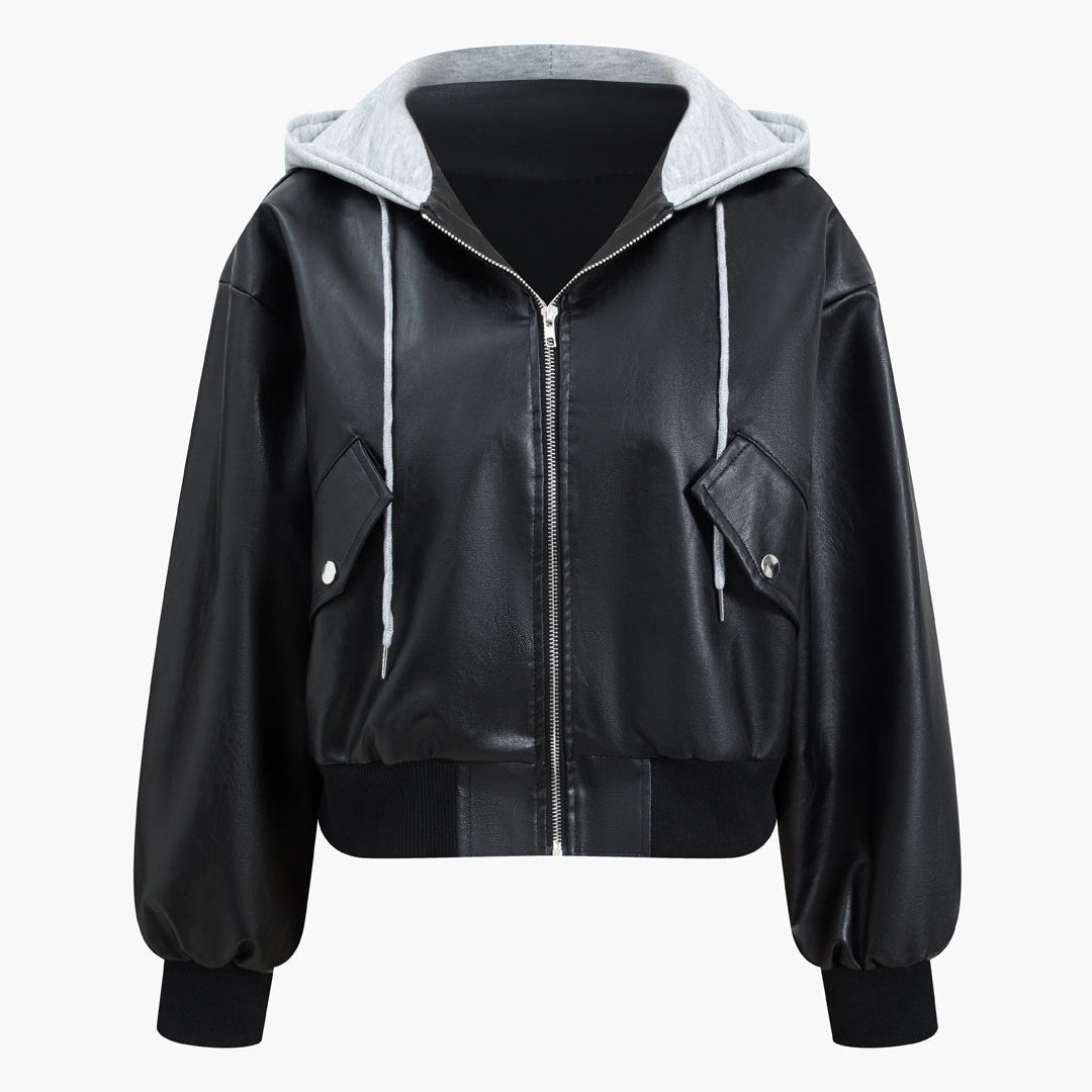 Faux Leather Hooded Pocket Zipper Uzun Kollu Ceket