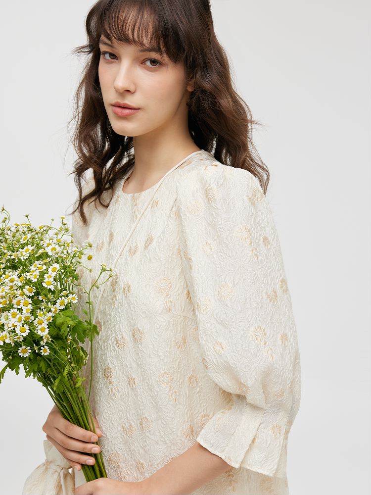 Olyssa Çantalı Jakarlı A-Kesim Fırfırlı Kadın Midi Elbise