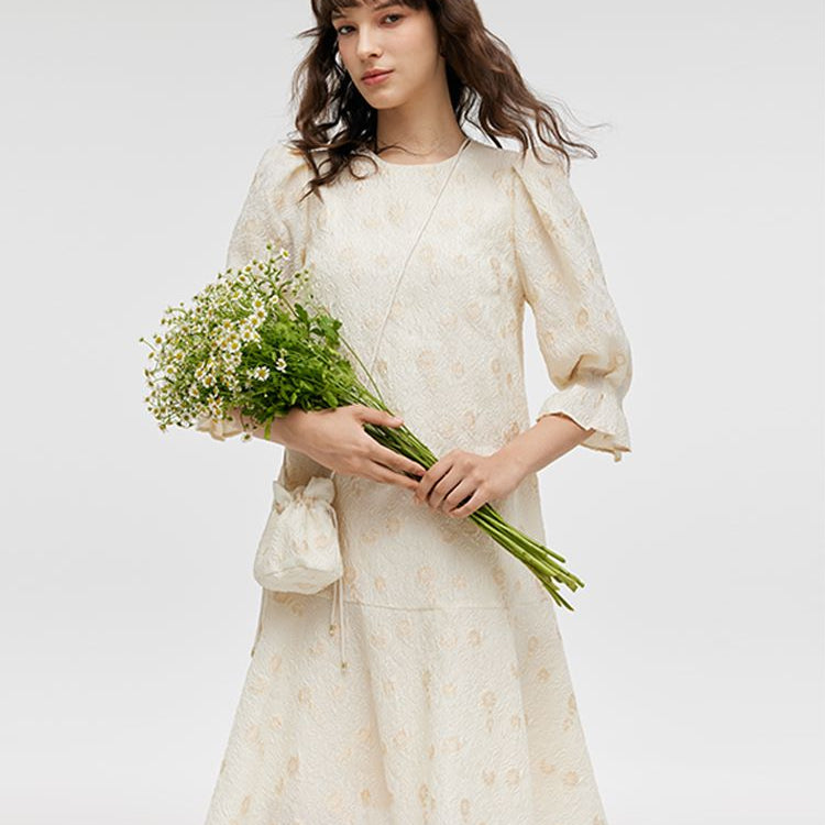 Olyssa Çantalı Jakarlı A-Kesim Fırfırlı Kadın Midi Elbise