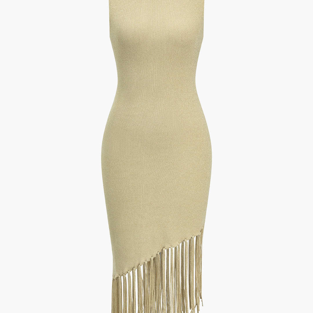 Düz Kazak Franji Asimetrik Elbise