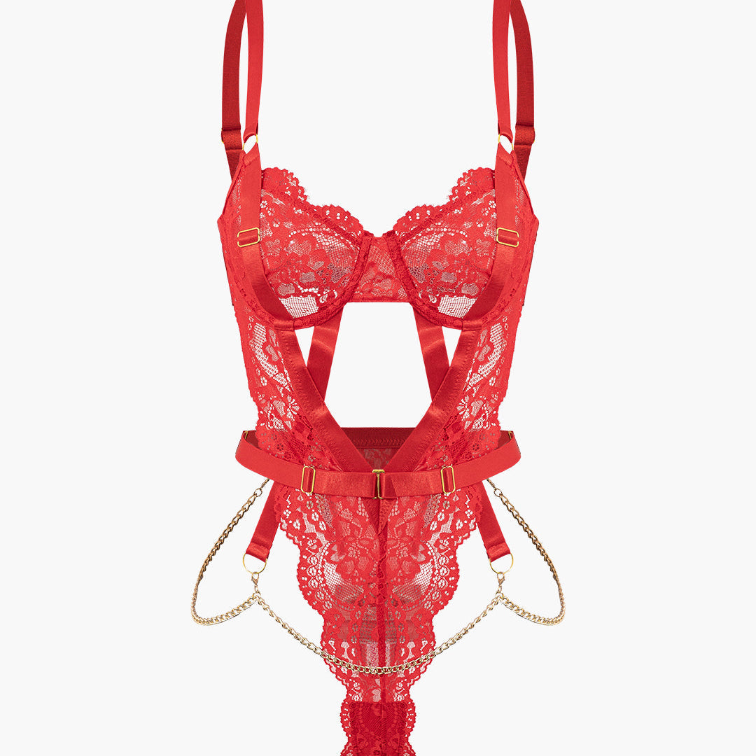 Metalik Zincir Detaylı Dekolteli Büstiyer Bodysuit