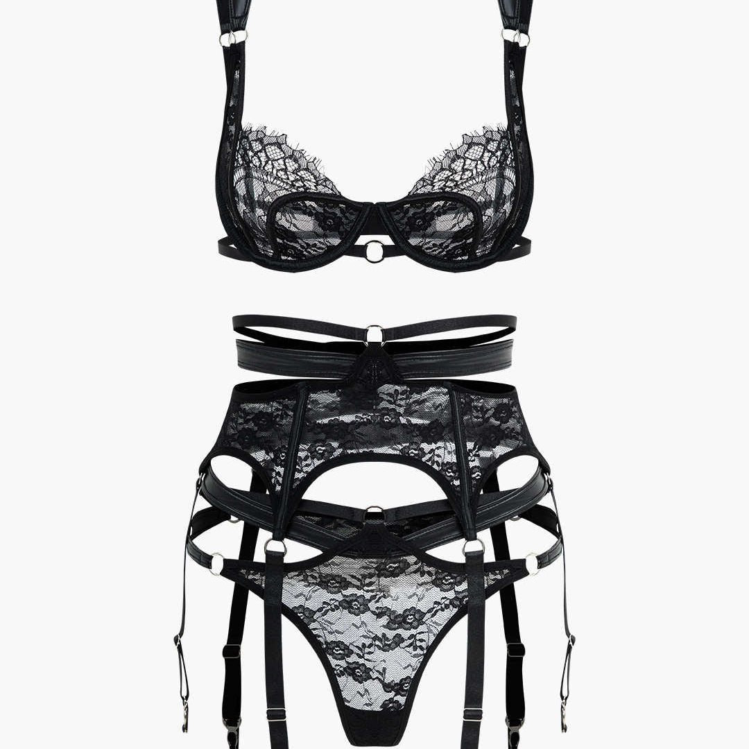 Dantel Şeffaf Kesik Detaylı Sırt Dekolteli Jartiyer Takımı