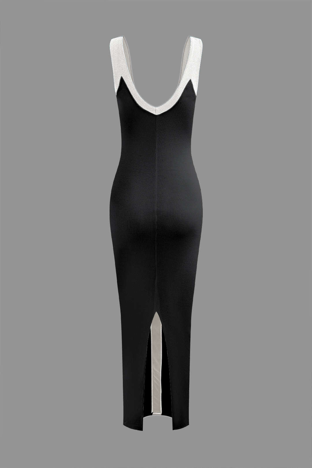 Renk Bloklu V Yaka Ribana Kesik Maxi Elbise