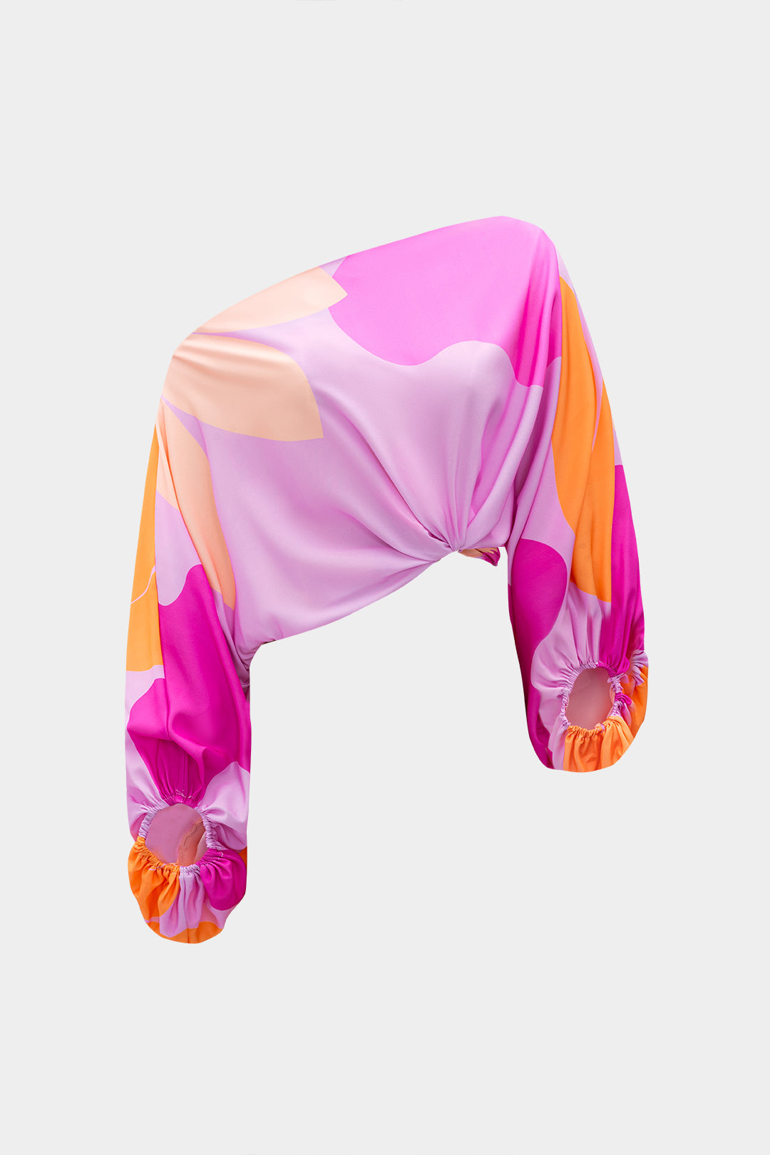 Abstrakt Baskı Fırfırlı Asimetrik Tek Omuz Uzun Kol Bluz ve Franjlı Etek Seti