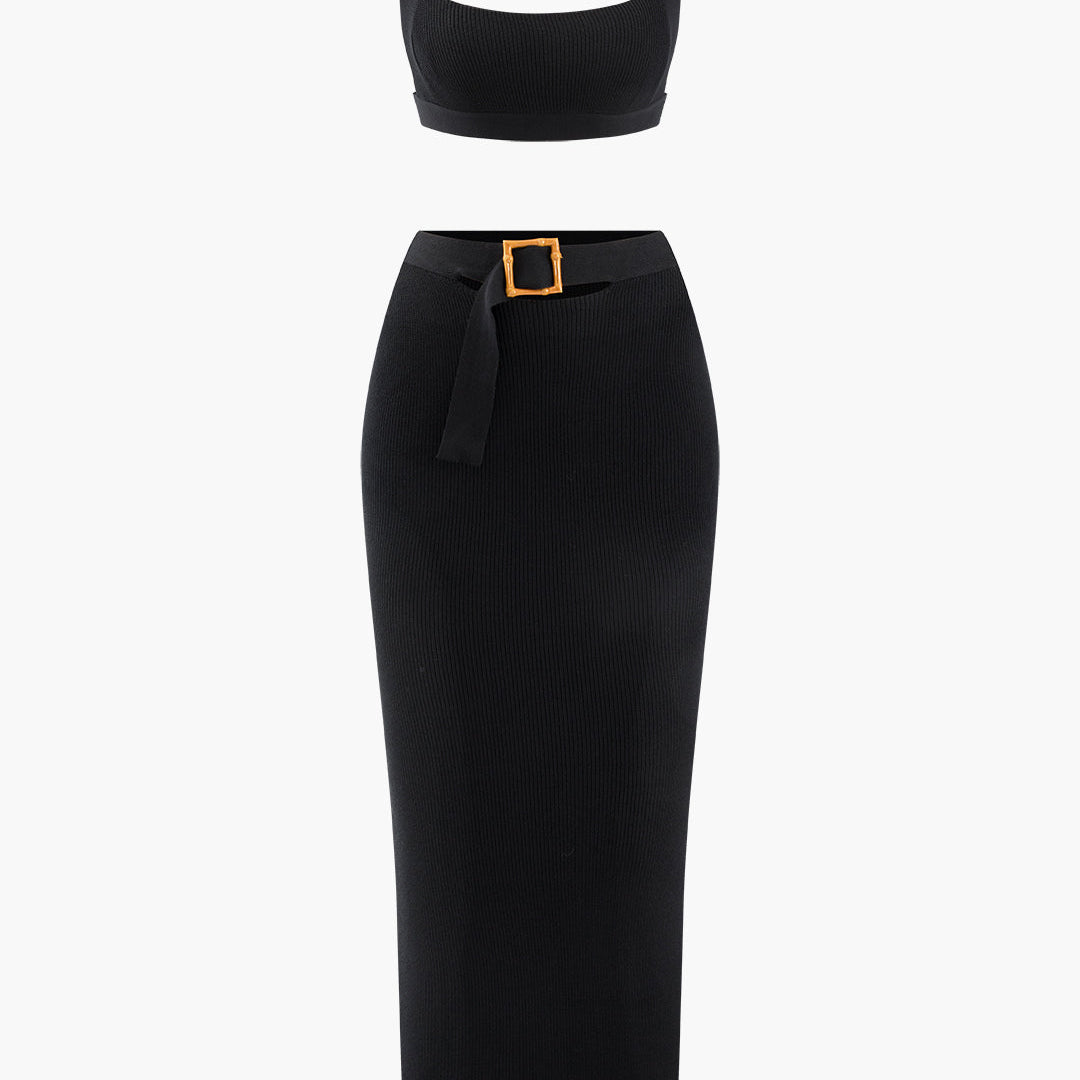 Olyssa Kısa Tank Top Ve Tokalı Midi Etek Seti