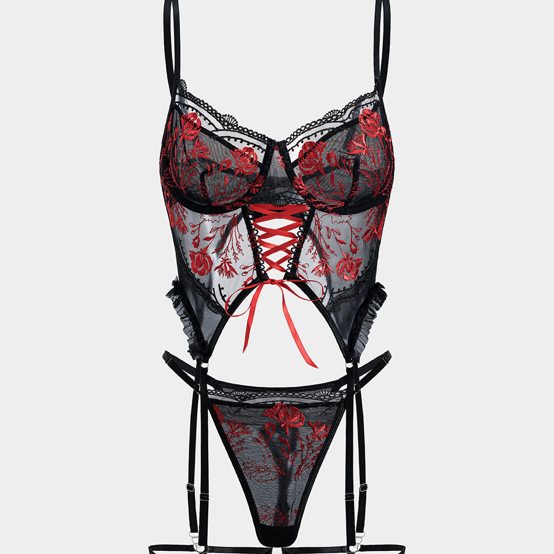 Tül Nakışlı Bağlamalı Büstiyer ve Jartiyer Takımı